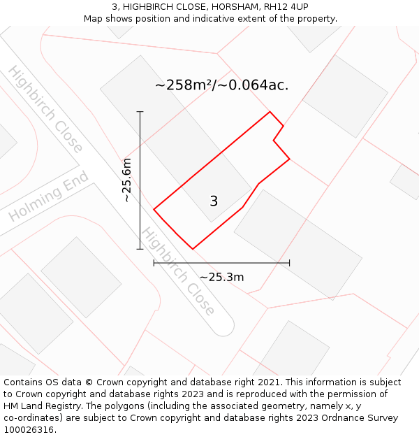 3, HIGHBIRCH CLOSE, HORSHAM, RH12 4UP: Plot and title map