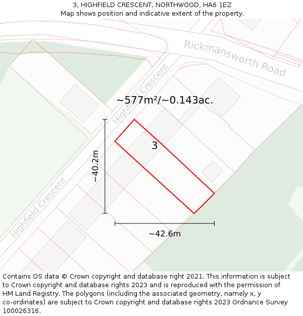 3, HIGHFIELD CRESCENT, NORTHWOOD, HA6 1EZ: Plot and title map