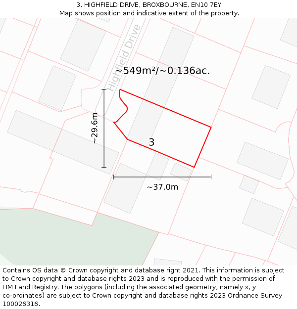 3, HIGHFIELD DRIVE, BROXBOURNE, EN10 7EY: Plot and title map