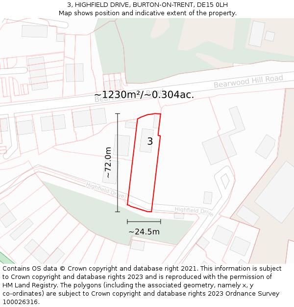 3, HIGHFIELD DRIVE, BURTON-ON-TRENT, DE15 0LH: Plot and title map