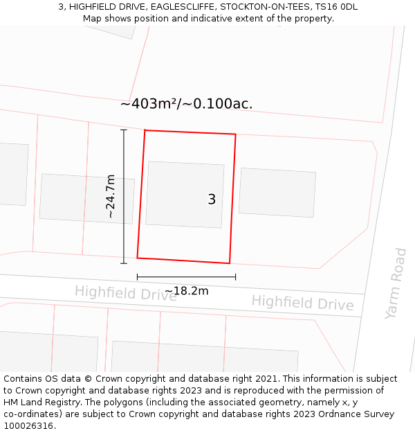 3, HIGHFIELD DRIVE, EAGLESCLIFFE, STOCKTON-ON-TEES, TS16 0DL: Plot and title map