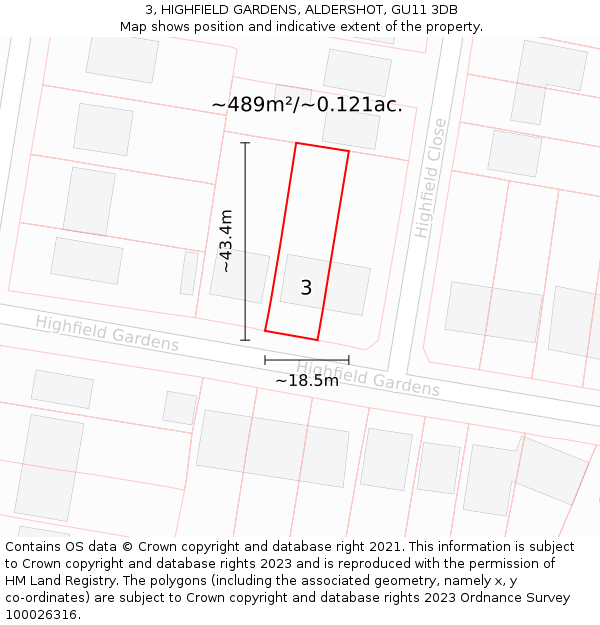 3, HIGHFIELD GARDENS, ALDERSHOT, GU11 3DB: Plot and title map