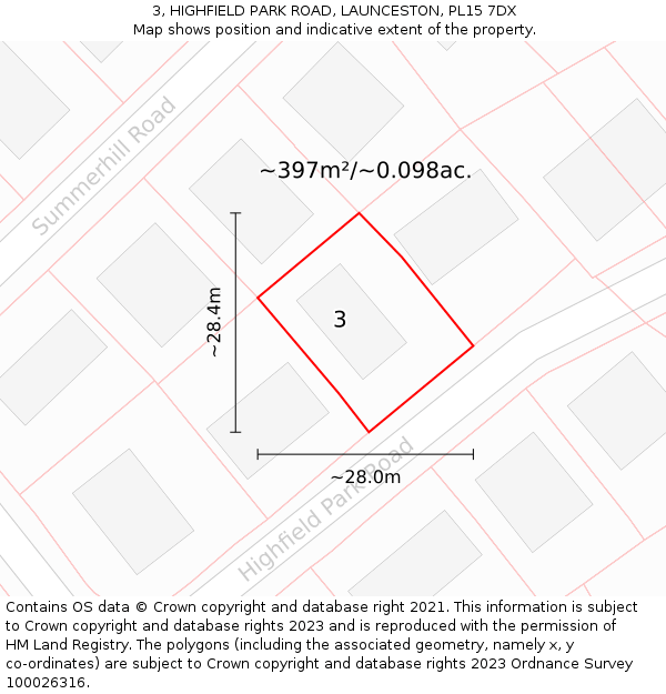 3, HIGHFIELD PARK ROAD, LAUNCESTON, PL15 7DX: Plot and title map