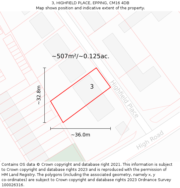 3, HIGHFIELD PLACE, EPPING, CM16 4DB: Plot and title map