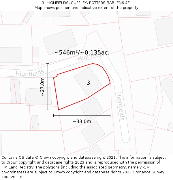 3, HIGHFIELDS, CUFFLEY, POTTERS BAR, EN6 4EL: Plot and title map