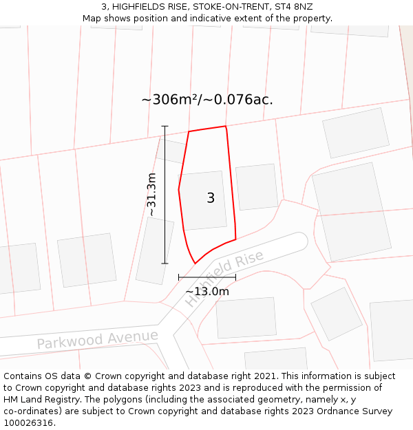 3, HIGHFIELDS RISE, STOKE-ON-TRENT, ST4 8NZ: Plot and title map