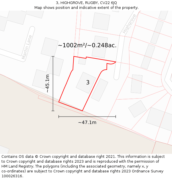 3, HIGHGROVE, RUGBY, CV22 6JQ: Plot and title map