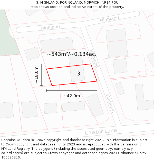 3, HIGHLAND, PORINGLAND, NORWICH, NR14 7QU: Plot and title map