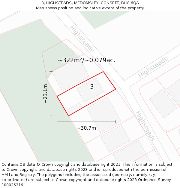 3, HIGHSTEADS, MEDOMSLEY, CONSETT, DH8 6QA: Plot and title map