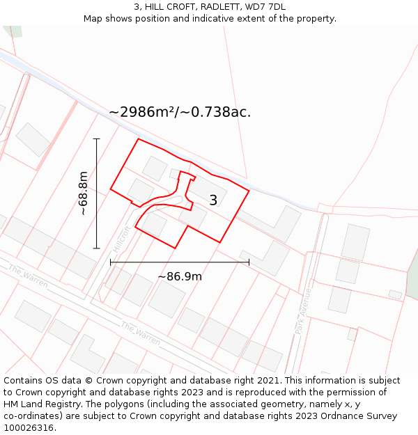 3, HILL CROFT, RADLETT, WD7 7DL: Plot and title map