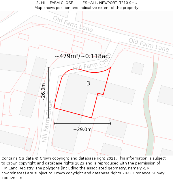 3, HILL FARM CLOSE, LILLESHALL, NEWPORT, TF10 9HU: Plot and title map