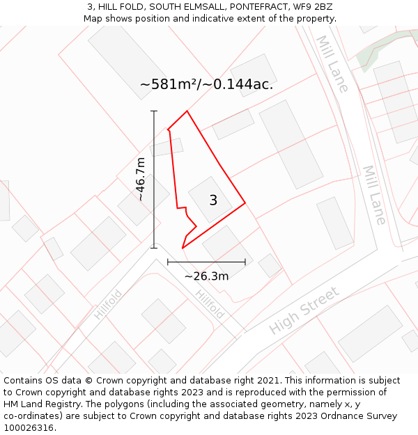 3, HILL FOLD, SOUTH ELMSALL, PONTEFRACT, WF9 2BZ: Plot and title map