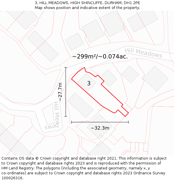 3, HILL MEADOWS, HIGH SHINCLIFFE, DURHAM, DH1 2PE: Plot and title map