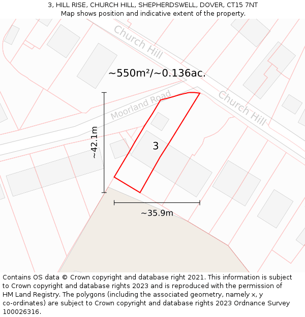 3, HILL RISE, CHURCH HILL, SHEPHERDSWELL, DOVER, CT15 7NT: Plot and title map