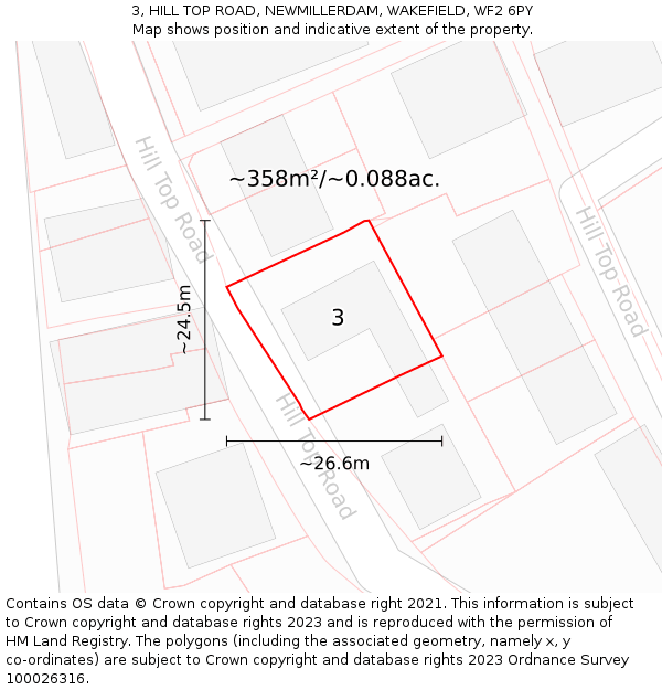 3, HILL TOP ROAD, NEWMILLERDAM, WAKEFIELD, WF2 6PY: Plot and title map