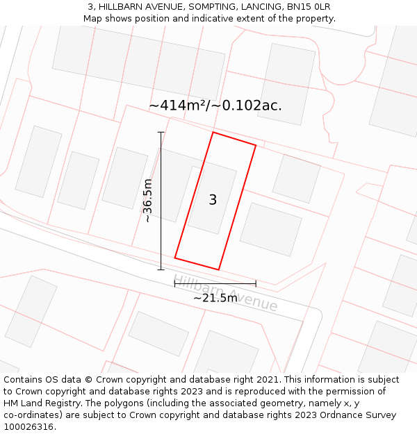 3, HILLBARN AVENUE, SOMPTING, LANCING, BN15 0LR: Plot and title map