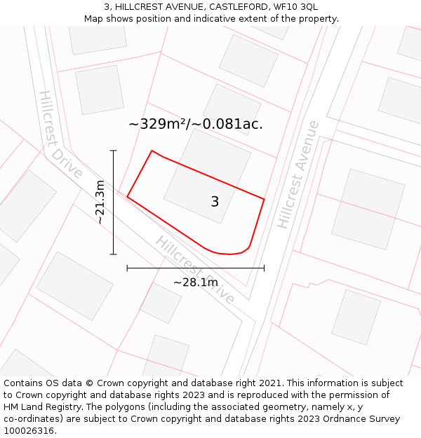 3, HILLCREST AVENUE, CASTLEFORD, WF10 3QL: Plot and title map