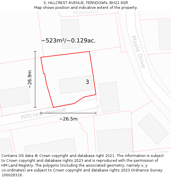 3, HILLCREST AVENUE, FERNDOWN, BH22 9QR: Plot and title map