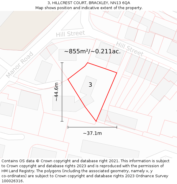 3, HILLCREST COURT, BRACKLEY, NN13 6QA: Plot and title map