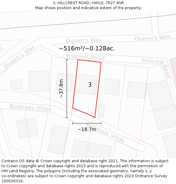 3, HILLCREST ROAD, HAYLE, TR27 4NR: Plot and title map