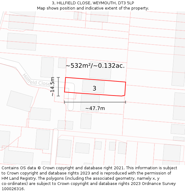 3, HILLFIELD CLOSE, WEYMOUTH, DT3 5LP: Plot and title map