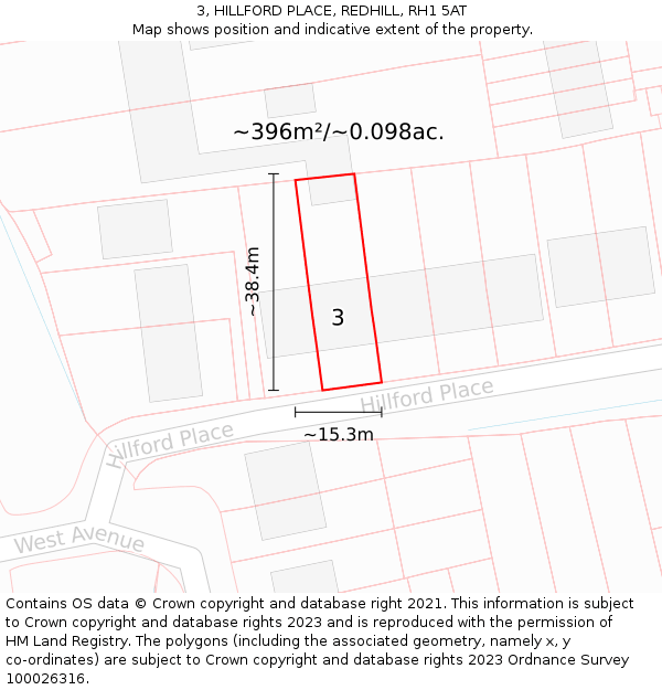 3, HILLFORD PLACE, REDHILL, RH1 5AT: Plot and title map