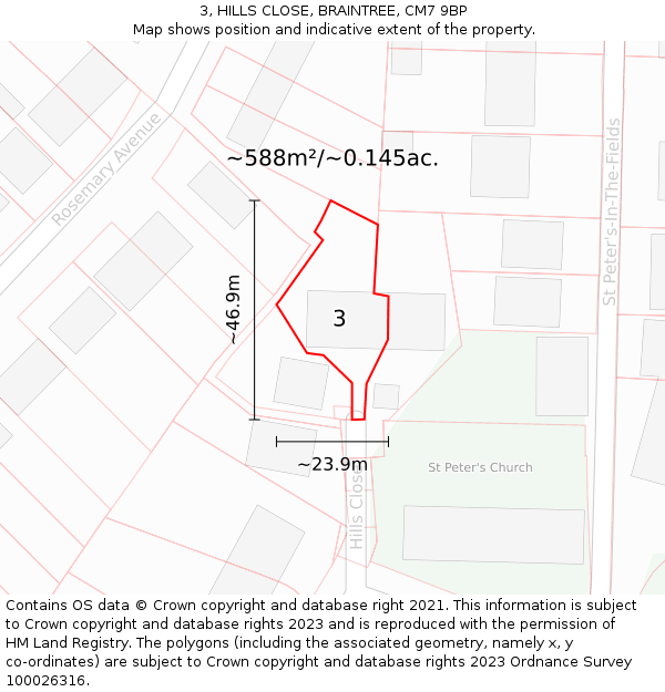 3, HILLS CLOSE, BRAINTREE, CM7 9BP: Plot and title map