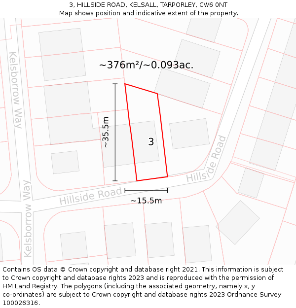 3, HILLSIDE ROAD, KELSALL, TARPORLEY, CW6 0NT: Plot and title map