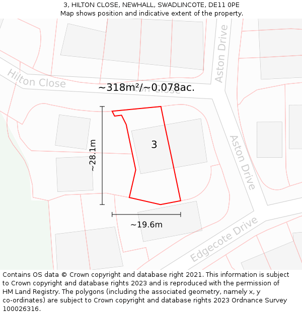 3, HILTON CLOSE, NEWHALL, SWADLINCOTE, DE11 0PE: Plot and title map