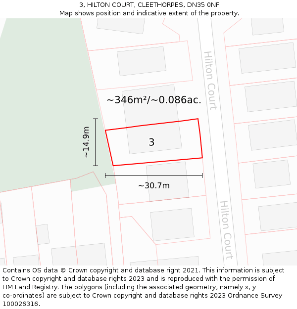 3, HILTON COURT, CLEETHORPES, DN35 0NF: Plot and title map