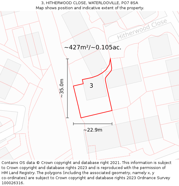 3, HITHERWOOD CLOSE, WATERLOOVILLE, PO7 8SA: Plot and title map