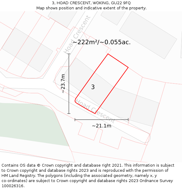 3, HOAD CRESCENT, WOKING, GU22 9FQ: Plot and title map