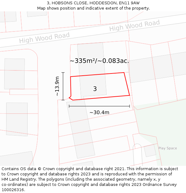 3, HOBSONS CLOSE, HODDESDON, EN11 9AW: Plot and title map