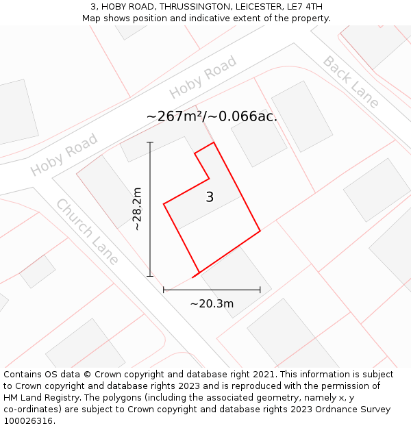 3, HOBY ROAD, THRUSSINGTON, LEICESTER, LE7 4TH: Plot and title map