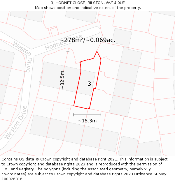 3, HODNET CLOSE, BILSTON, WV14 0UF: Plot and title map