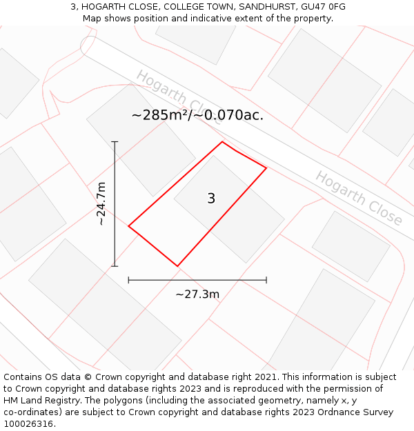 3, HOGARTH CLOSE, COLLEGE TOWN, SANDHURST, GU47 0FG: Plot and title map