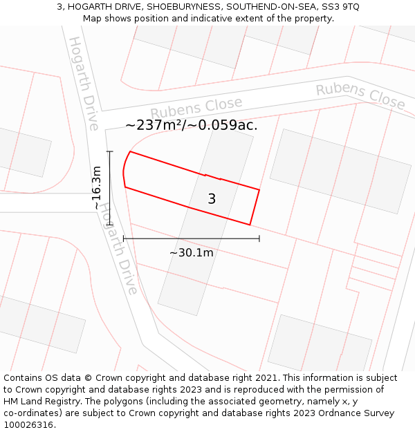 3, HOGARTH DRIVE, SHOEBURYNESS, SOUTHEND-ON-SEA, SS3 9TQ: Plot and title map