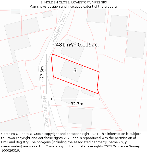 3, HOLDEN CLOSE, LOWESTOFT, NR32 3PX: Plot and title map