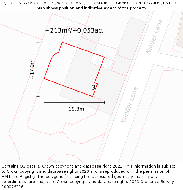 3, HOLES FARM COTTAGES, WINDER LANE, FLOOKBURGH, GRANGE-OVER-SANDS, LA11 7LE: Plot and title map