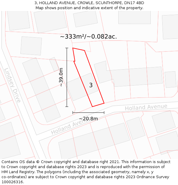 3, HOLLAND AVENUE, CROWLE, SCUNTHORPE, DN17 4BD: Plot and title map