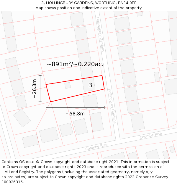 3, HOLLINGBURY GARDENS, WORTHING, BN14 0EF: Plot and title map