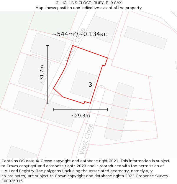 3, HOLLINS CLOSE, BURY, BL9 8AX: Plot and title map