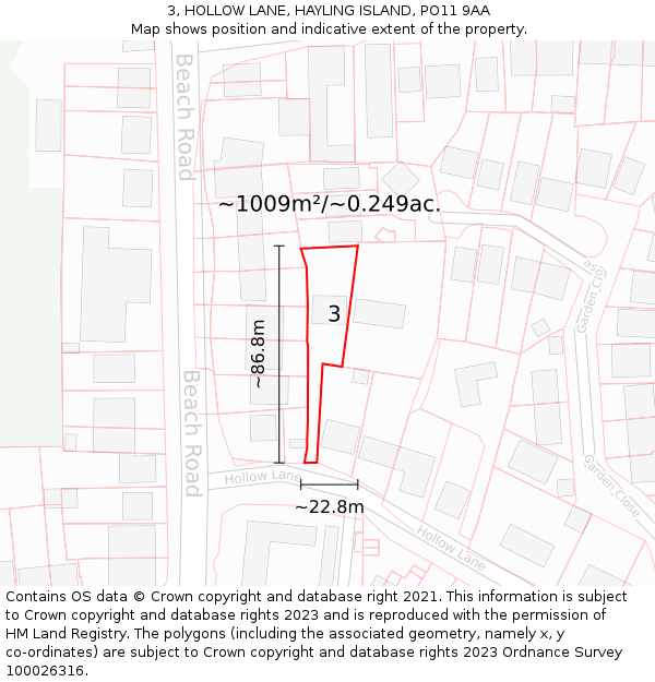 3, HOLLOW LANE, HAYLING ISLAND, PO11 9AA: Plot and title map