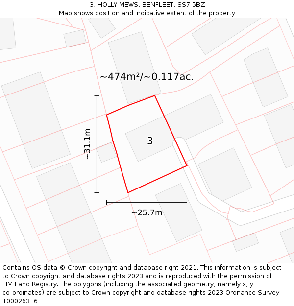 3, HOLLY MEWS, BENFLEET, SS7 5BZ: Plot and title map