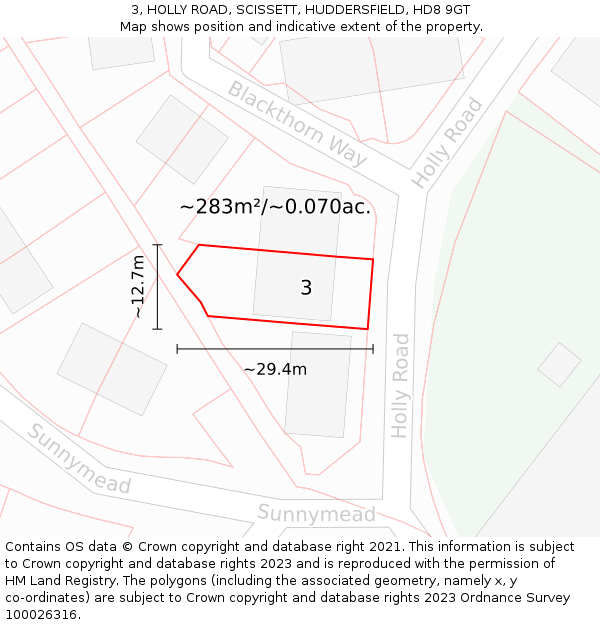 3, HOLLY ROAD, SCISSETT, HUDDERSFIELD, HD8 9GT: Plot and title map