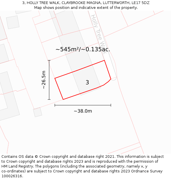 3, HOLLY TREE WALK, CLAYBROOKE MAGNA, LUTTERWORTH, LE17 5DZ: Plot and title map