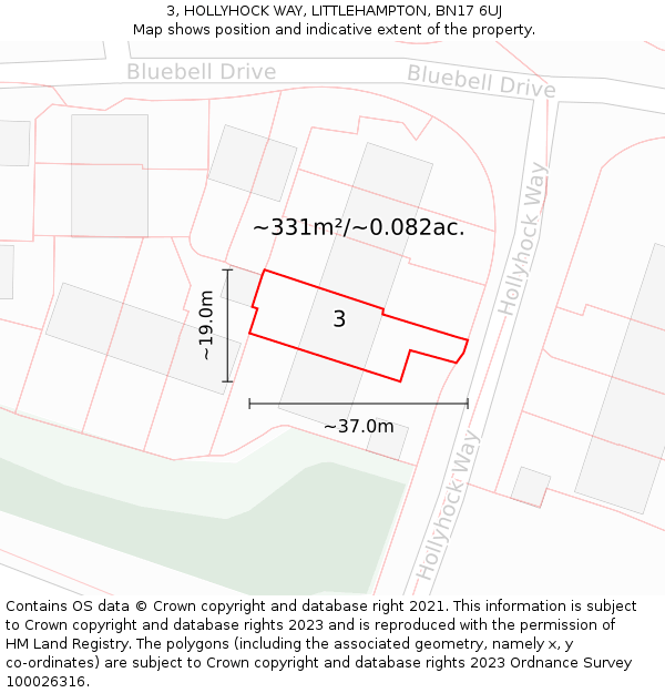 3, HOLLYHOCK WAY, LITTLEHAMPTON, BN17 6UJ: Plot and title map