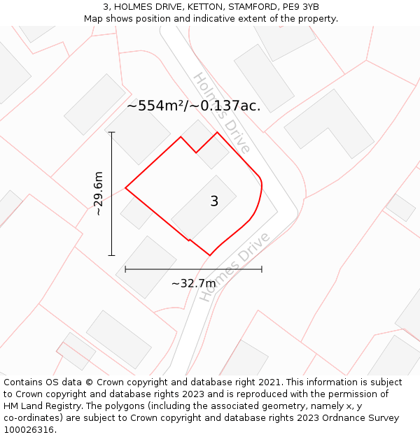 3, HOLMES DRIVE, KETTON, STAMFORD, PE9 3YB: Plot and title map