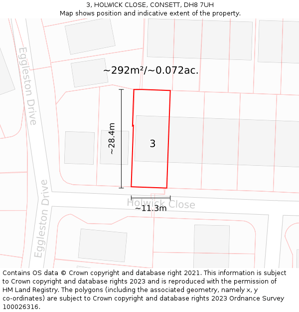 3, HOLWICK CLOSE, CONSETT, DH8 7UH: Plot and title map