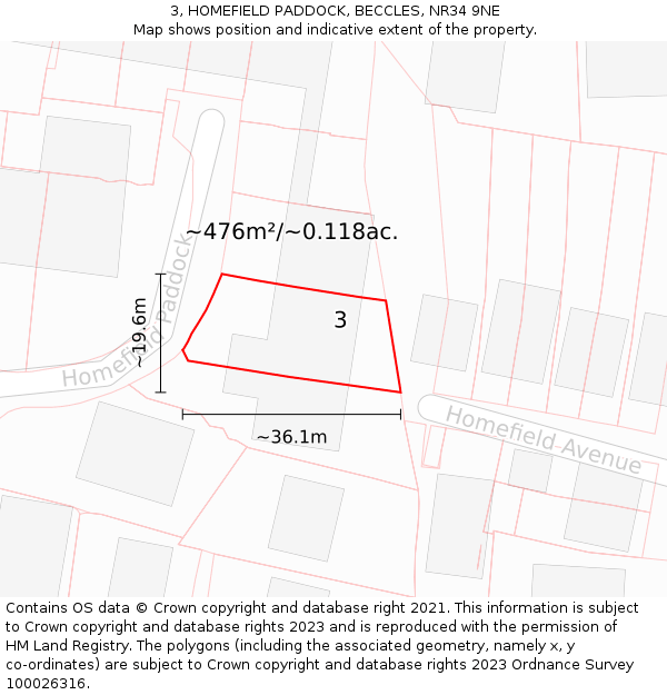 3, HOMEFIELD PADDOCK, BECCLES, NR34 9NE: Plot and title map